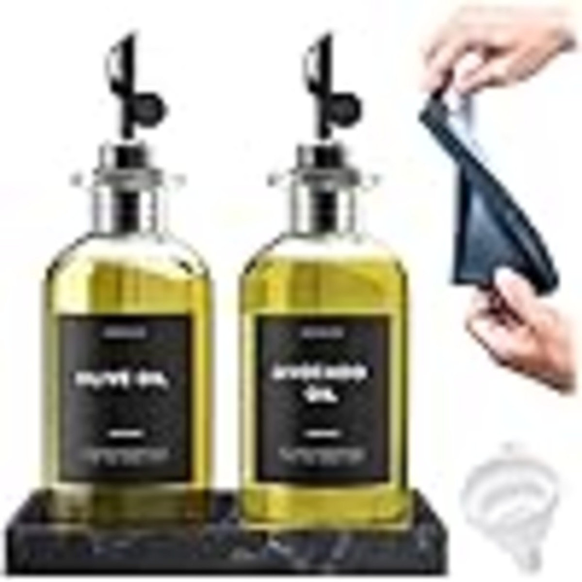 Olive Oil Dispenser Set With Silicone Tray & 40 Labels - 2 Bottles (500Ml / 17Oz) For Kitchen, Soy Sauce, Coffee Syrup